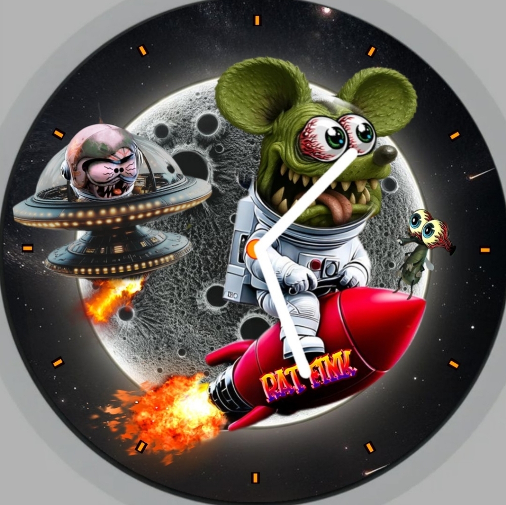 Rat Fink Astronaut Rocket Clock Art - Green Red